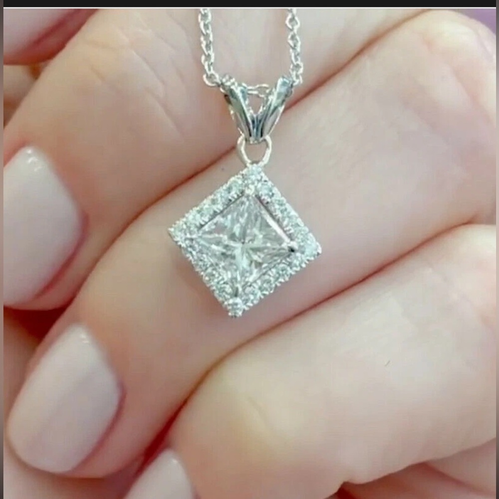 👑 Princess cut Antique style Petite  Cz Diamond Pendant Silver Necklace